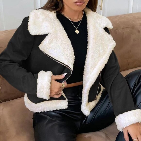 Black And White Preppy Womens Teddy Lined Open Front Suedette Moto Jacket - Picture 3 of 5